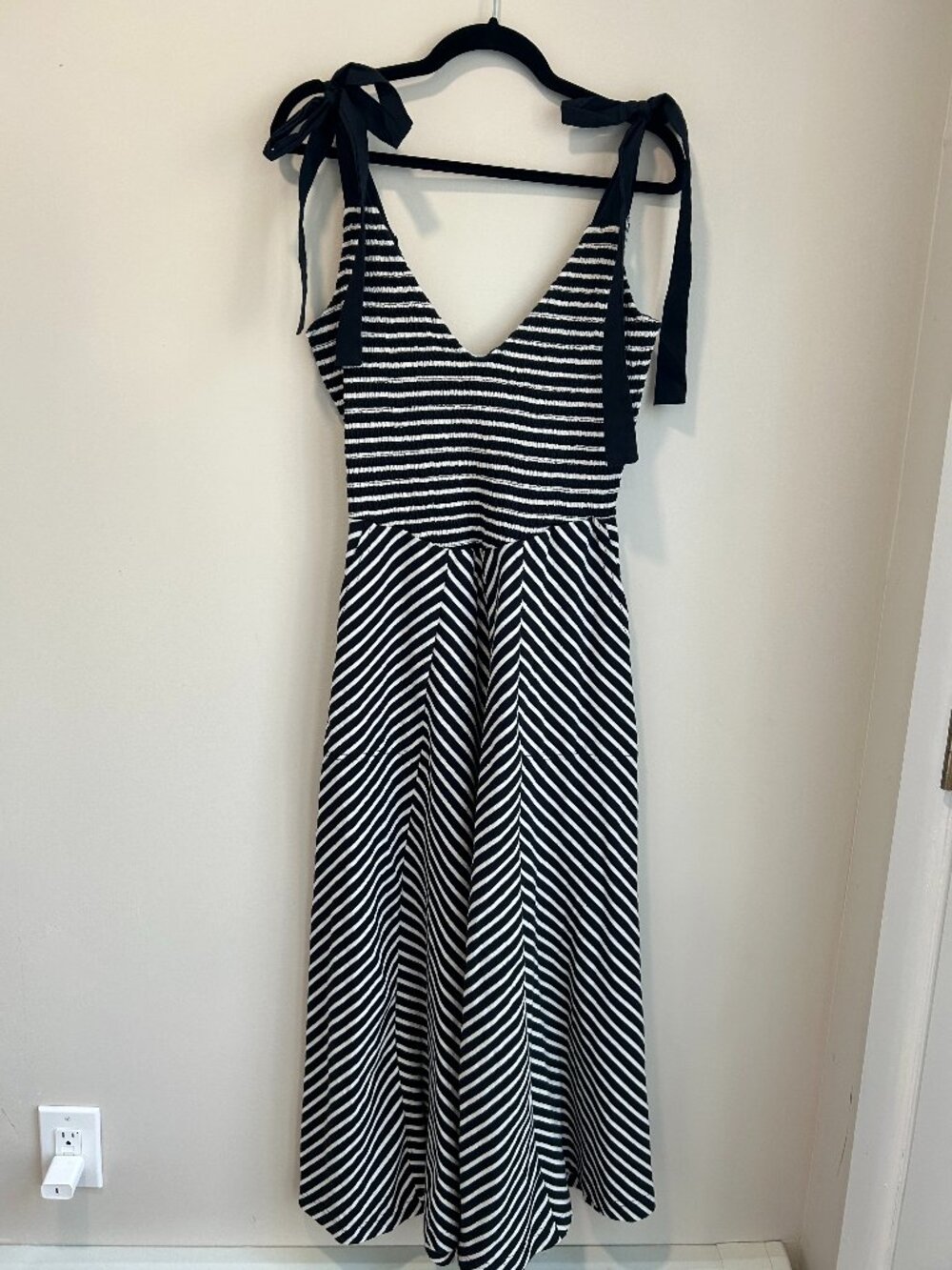 Free People Free-est Cecilia Midi Dress NWT M Black White Stripe Tie Strap Coast - Picture 2 of 12